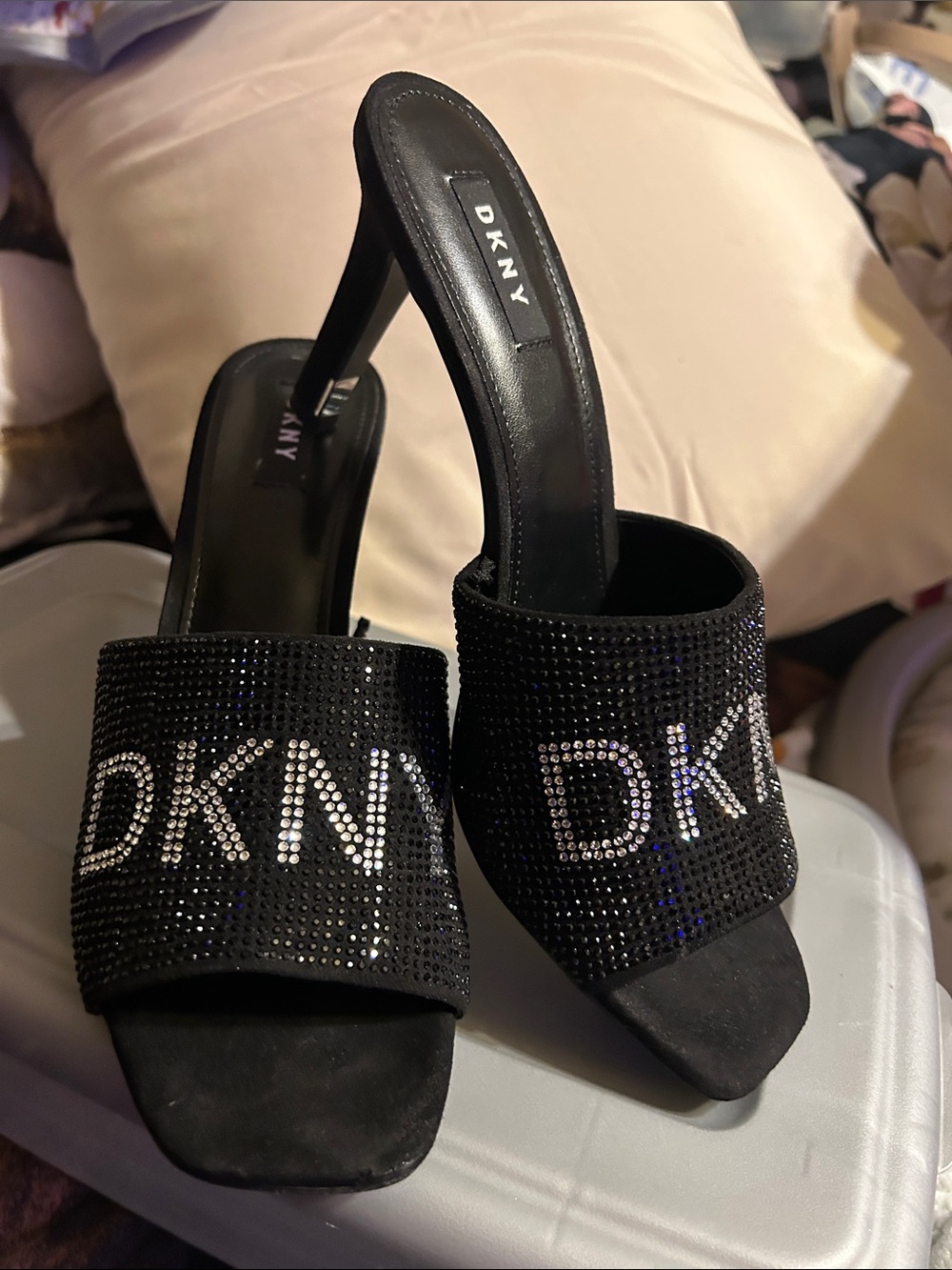 DKNY Black Crystal Logo Slide Heels